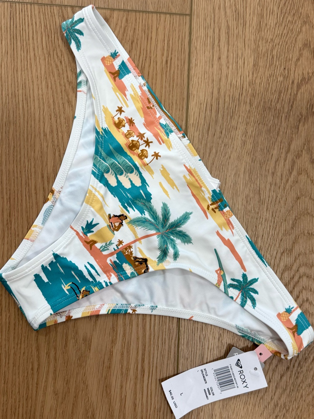 Roxy White Bikini Bottoms with Teal Palm and Coral Accents